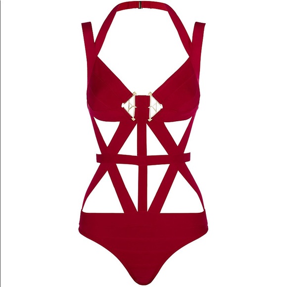 HERVE LEGER SAGAN ONE PIECE IN CORAL/POPPY - Picture 2 of 7